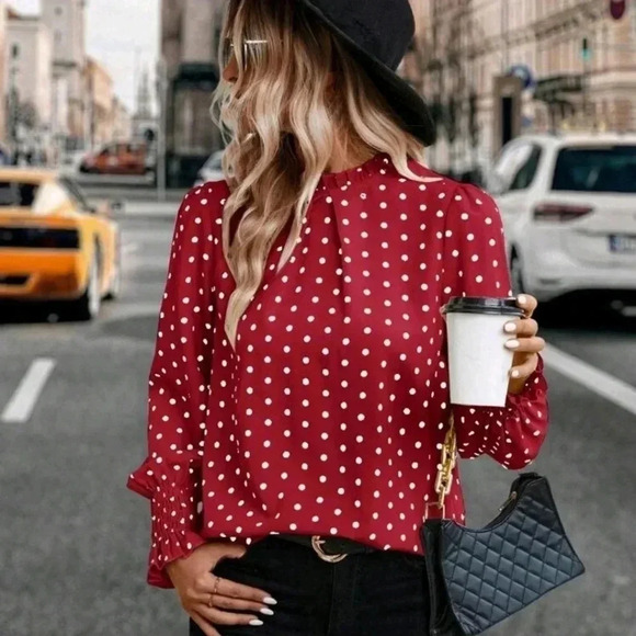 Polka DotPrint Lantern Blouse Frill Trim Blouse - Picture 1 of 5